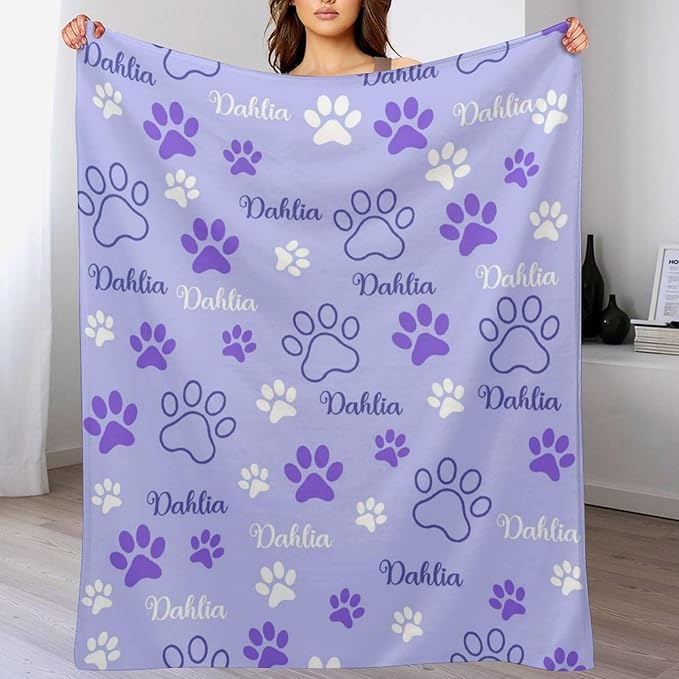 Personalized Paw Print Dog Blanket with Pet Name Face-Custom Puppy Blankets with Picture for Dogs-Customized Dog Memorial Throw Fleece Blanket-Loss of Pets Supplies Sympathy Gift for Bed Sofa Travel