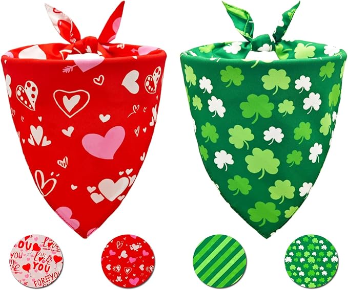 Valentine's & St. Patrick's Day Dog Bandana Set 2PCS-Small,Holiday Party Costumes,Pet Scarves for Boys and Girls,Dog Outfit Gifts for Small Dogs and Cats,Diverse Festive Styles