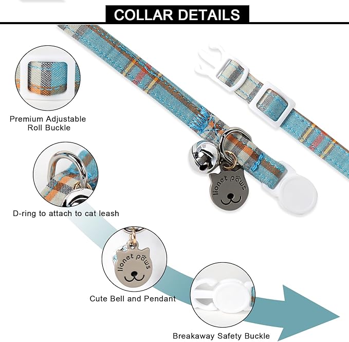 Lionet Paws 2pcs Pack Cotton Cat Collar,Breakaway Buckle with Blue Grid and Brand Pendant Cute Adjustable Cat Kitten Collar,Ideal for Girl Cats Boy Cats