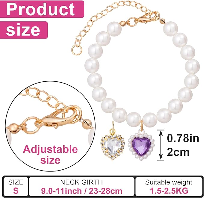 2pcs Cat Pearl Collar with Heart Pendant, Cute Pearl Pet Necklace in Small, Adjustable Wedding Party Small Dog Jewelry Accessories for Puppy Kitten- White & Purple