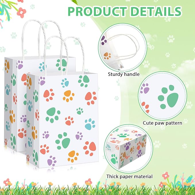 Blulu 20 Pcs Spring Puppy Dog Paw Gift Bags with Handles, Dog Paper Treat Goodie Bags for Animal Pet Party Favors, 6.3 x 3.1 x 8.6 Inch