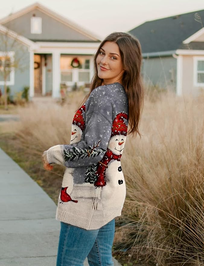 YESNO Women Christmas Sweater Graphic Printed Oversized Pullover Sweaters Casual Loose Knit Tops S01