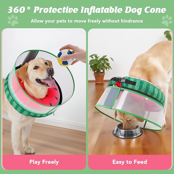 Inflatable Dog Cone with Anti-Licking Clear Shield, Protective Dog Donut Collar After Surgery, Adjustable Soft Recovery Cone for Pets, Alternative Collar with Buckle Strap (Watermelon, M)