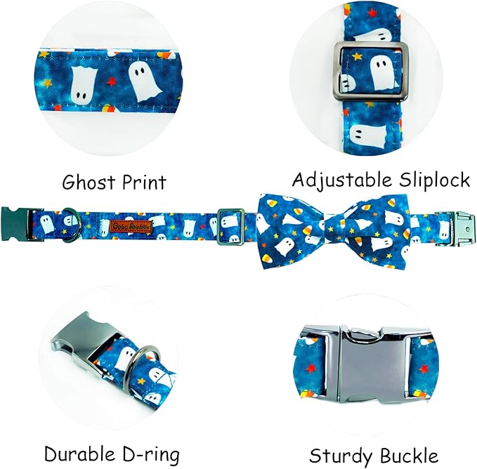 Halloween Dog Collar, Ghost Print Adjustable Pet Collar Blue Cute Cotton Soft Collars with Bow Tie Fall Metal Buckle Holiday Puppy Collars Boy&Girl Gift for X-Small Dogs