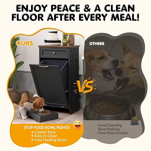 Tilt Out Trash Can Cabinet with Dog Bowl, 13 Gallons Dog Feeding Station with Storage, Dog Food Cabinet with Hideaway Drawer for Kitchen, Living Room,Laundry Room