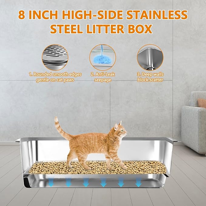 23.5" x 15.7" x 8" Stainless Steel Sifting Litter Box for Pine Pellets, XXL Large Pull-Out Cat Litter Box for Big Cats with High Sides, Metal Cat Litter Pan with Plastic Scoop &10 Urine Pads