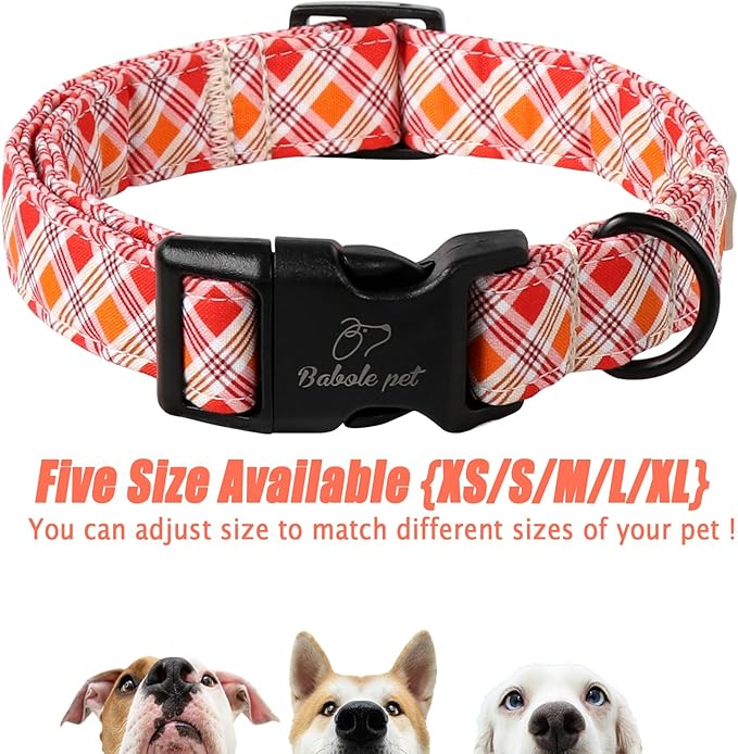 Fall Dog Collar, Fall Orange and Red Plaid Puppy Collar, Adjustable Cotton Holiday Tanksgiving Dog Collars for Small Medium Large Boy&Girl Dogs XL