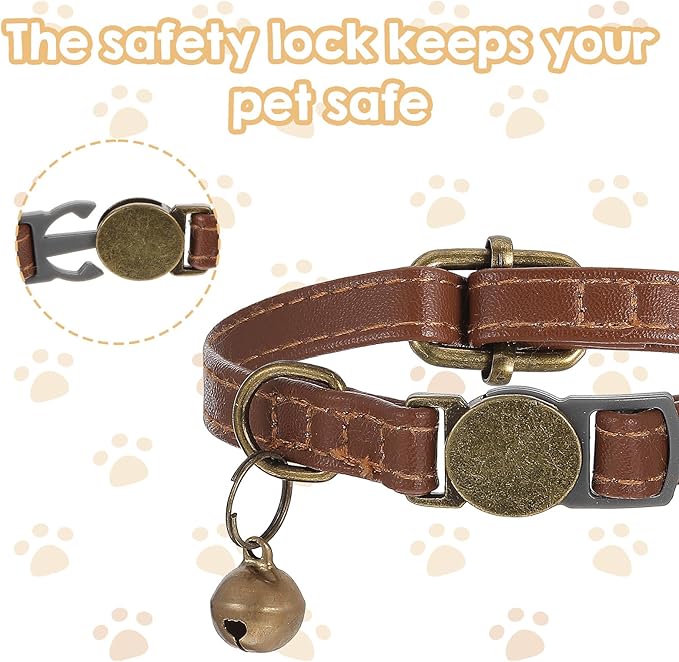 2 Pcs PU Leather Cat Collar Breakaway with Bell, Personalized Adjustable Cat Collars Retro Collars Pet Leather Collar with Quick Release Buckle for Cats Kittens