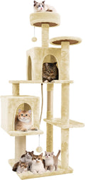58.5inch Large Cat Tree Tower Condo for Indoor Cats, Soft Plush Multi-Level Climbing Tree Cat House, Scratching Post, More Entrance/Exit, Sisal Rope, Beige Almond