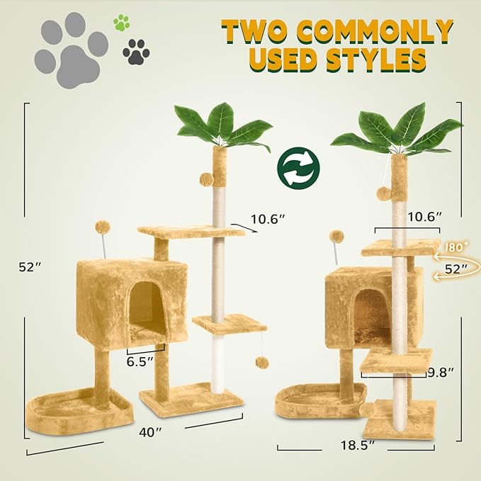 52in Multi-Level Cat Tower with Sisal Scratching Posts, Hidden Cave & Perch Platform, Large Cat Condo for 1-3 Cats, Eco-Friendly Pet Furniture with Realistic Leaves, Beige