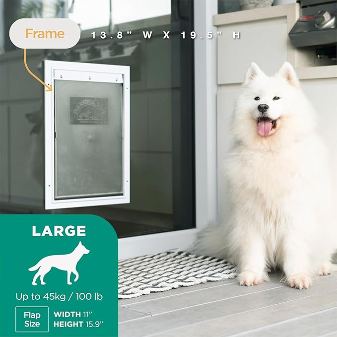 Hakuna Pets Deluxe Aluminum Pet, Cat and Dog Door with 2-Way Locking Panel for Screens, Doors and Walls up to 2.8" Thick, Large, White