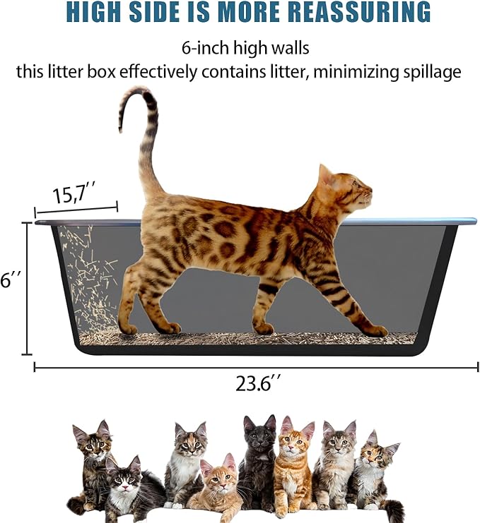 Stainless Steel Cat Litter Box - XL Metal High Sided Cat Pan Tray, Easy to Clean Non Stick Odorless Large Pet Toilet Supplies for Big Cats Kitty Kitten, 23.6 x15.75 x6 Inch, Black