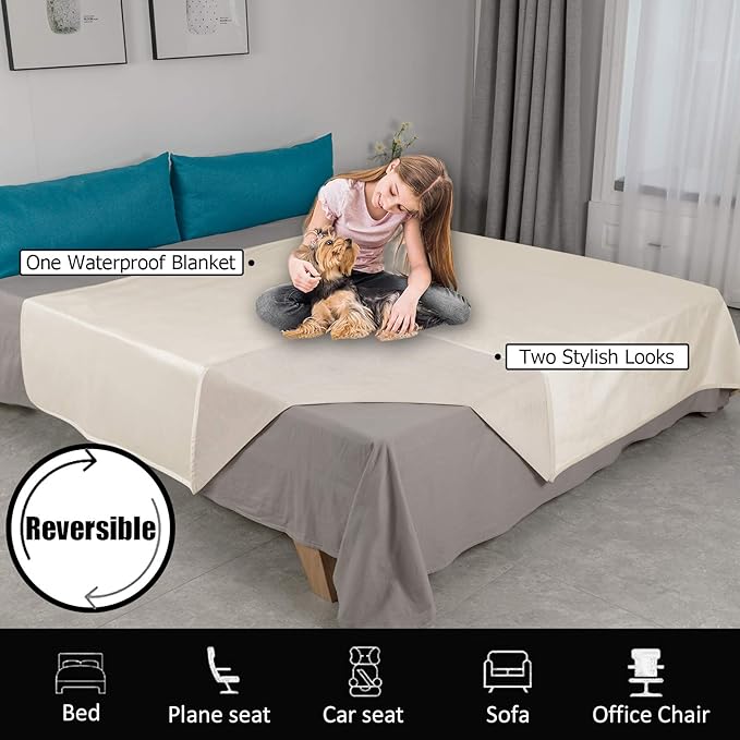 Ameritex Pet Bed Blanket Reversible 100% Waterproof Velvet Super Soft for Sofa and Bed (82x102 Inches, Cream+Beige)