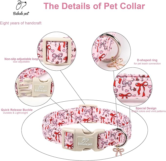 Girl Dog Collar for Medium Dogs - Cute Heart Bow Print Girly Dog Collars, Soft Adjustable Spring/Summer Holiday Female Dogs Collar with Quick-Release Buckle M
