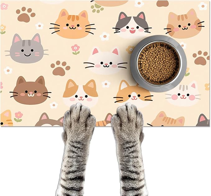 Cat Feeding Mat 24x16 inch Beige Kitten Print Pet Bowl Placemat Non Slip Floor Mat for Food and Water Indoor Kitty Feeding Station Cute Meal Pad for Small Pets Kitchen Use
