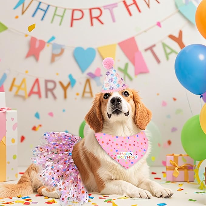 Dog Birthday Bandana with Hat and Dress Girl Set Puppy Birthday Party Supplies Cute Tutu Skirt Outfit for Small Medium Large Dogs Decorations(Purple) (Rose red)