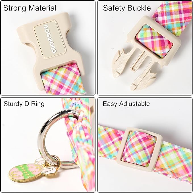 DOGWONG Easter Dog Collar, Cute Easter Colorful Plaid Pet Collar Durable Holiday Girl Boy Adjustable Cotton Dog Collars for Puppy Medium Large Dogs,L Visit The Elegant Little Tail Store