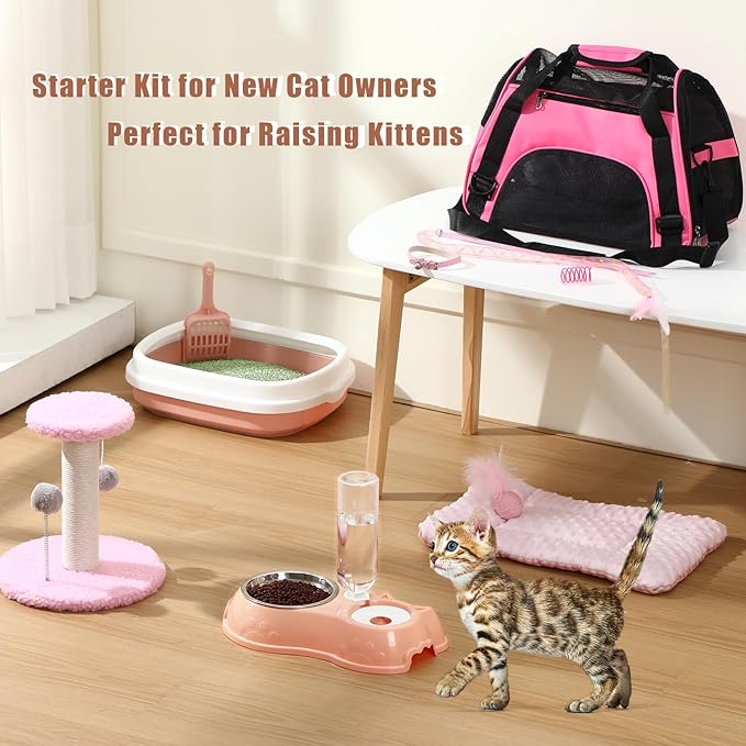 Eccliy Kitten Starter Kit, 10 Pcs Cat Starter Kit for Indoor Cats Kitten Essentials Includes Litter Box, Pet Toy, Folding Carrier, Climbing Frame, Mat, Collar, Automatic Food Bow(Classic,Pink)