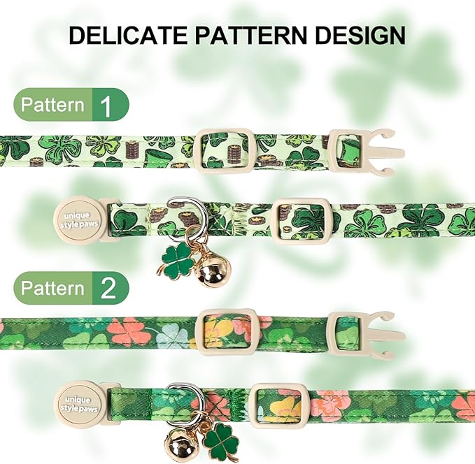 Unique Style Paws Saint Patrick Day Cat Collar,Trefoil Cat Collars,Green Kitten Collar Breakaway Buckle,Adjustable St. Patrick Day Puppy Collar,Ideal Gift for Boy Girl Cats