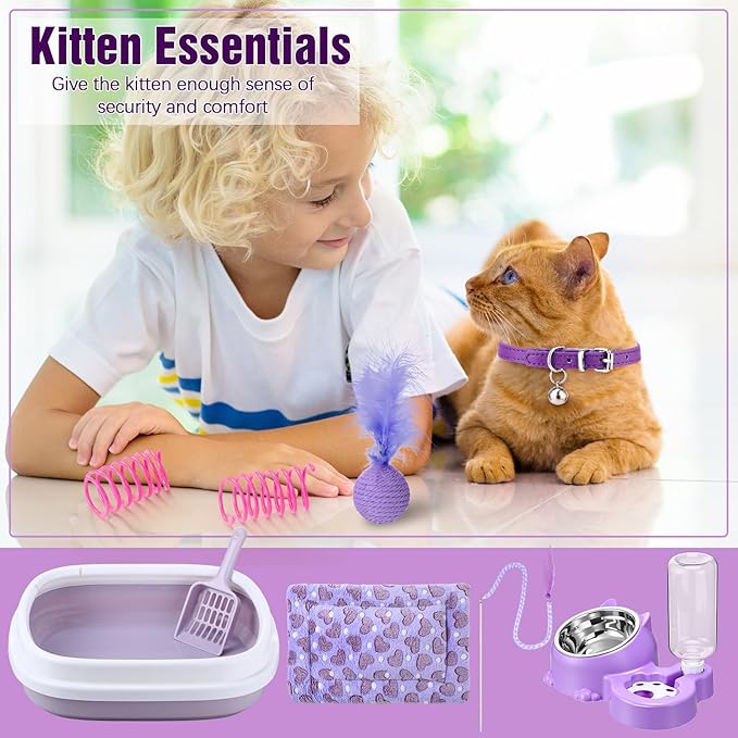 Eccliy Kitten Starter Kit, 10 Pcs Cat Starter Kit for Indoor Cats Kitten Essentials Includes Litter Box, Pet Toy, Folding Carrier, Climbing Frame, Mat, Collar, Automatic Food Bow(Cute,Purple)