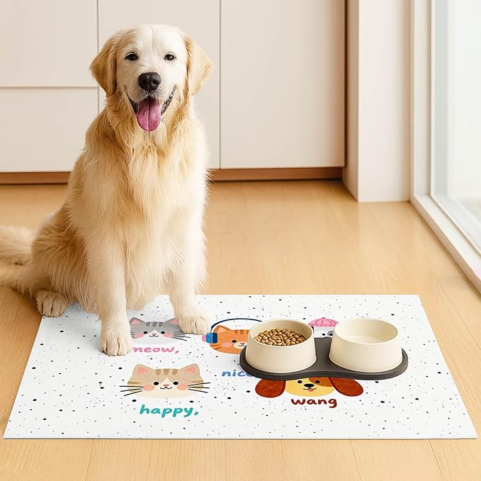 Pet Feeding Mat 24x16 inch Cat and Dog Print Meal Pad Non Slip Floor Mat for Food and Water Indoor Feeding Station Cute Pet Bowl Placemat for Small Cats and Dogs Kitchen Use