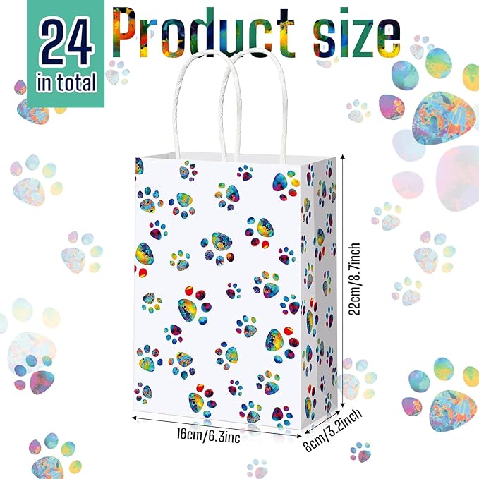 Blulu 20 Pcs Puppy Dog Paw Gift Bags with Paper Twist Handles, Dog Gift Paper Paw Treat Goodie Bags for PET Treat Party Favor, 6.3 x 3.1 x 8.6 Inch(Dazzling Paws)
