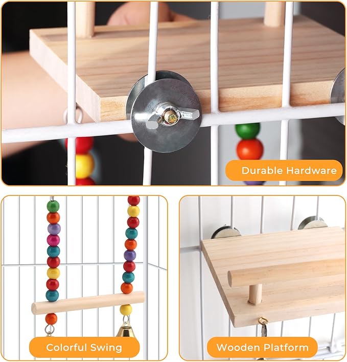 Natural Wood Bird Perch Swing - Cage Platform for Budgies, Cockatiels, Parakeets & Small Birds - Adjustable Play Rest Gym