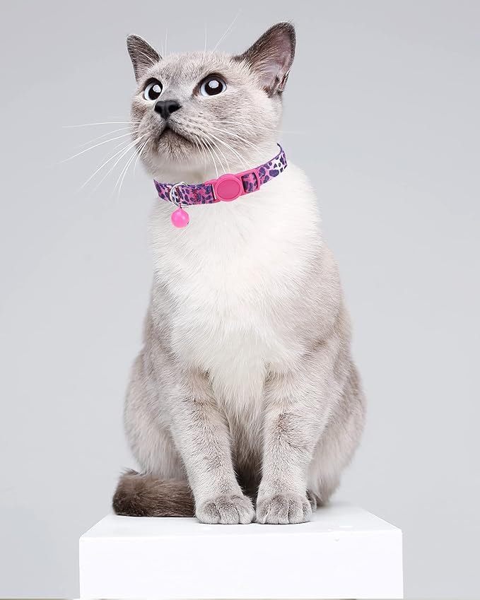 SOLMOONY Cute Cat Collar for Girl Boy,Colorful Breakaway Cat Collars with Bell 2 Pack，Adjustable Printed Nylon with Safety Buckles Kitten Collar (Leopard Print)