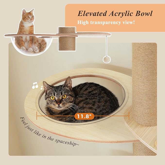 PETEPELA Floor to Ceiling Cat Tree, Adjustable Height(79-103'') Solid Wooden Tall Cat Tower for Indoor Cats with Sisal Scratching Post, Acrylic Bowl and Play Pompom, Wooden Beige