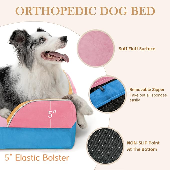 Comfort Expression Orthopedic Dog Bed for Extra Large Dogs 42x30 Inch, Waterproof Egg Crate Foam XL Pet Bed with Removable Bolsters, Dog Couch with Washable Cover & Non-Slip Bottom, Bubblegum Cove