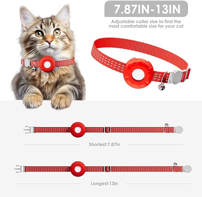 Smart Cat GPS Tracker, Cat Tracker Compatible with Apple Find My App (Only iOS), No Monthly Fee, Waterproof (White Tracker, Red Cat Collar)