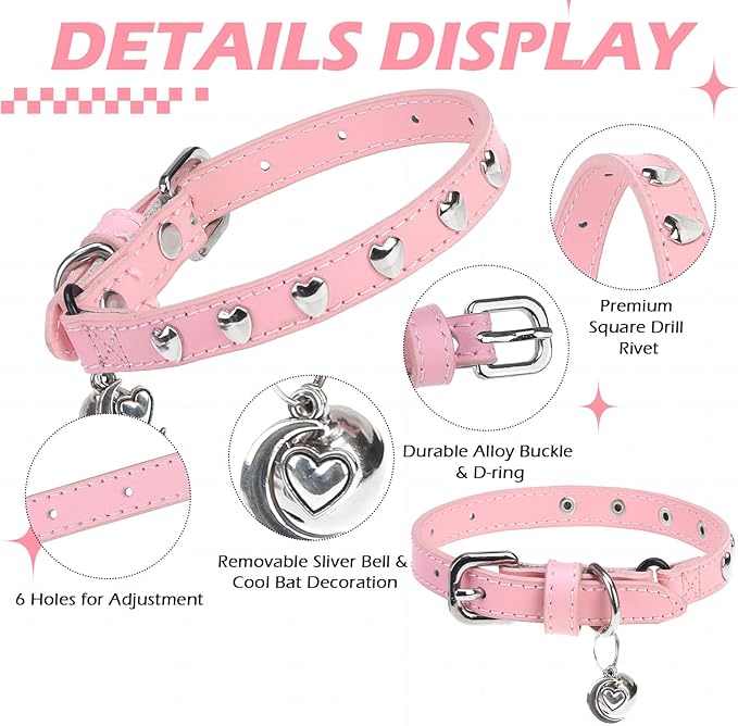 EXPAWLORER Leather Cat Collar for Girl Boy Valentine's Day - Adjustable Pet Collar with Safety Elastic Belt,Personalized Heart Accessories Buckle Collars with Bell & Durable D-Ring,Heart(Pink)