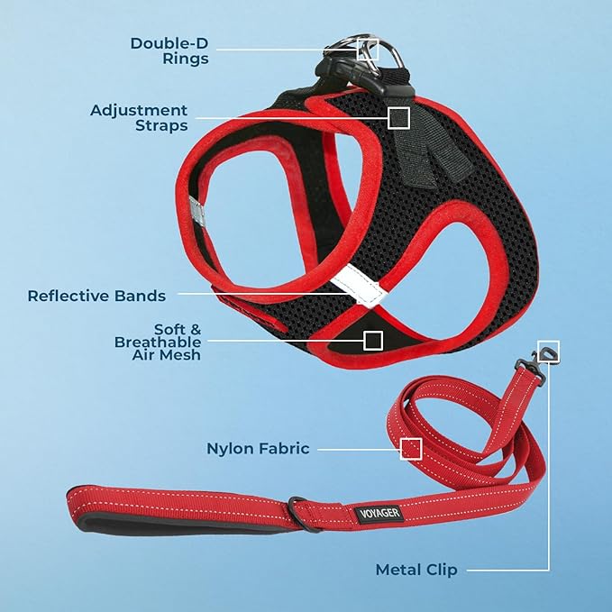 Best Pet Supplies Voyager Step-in Air All Weather Mesh Harness and Reflective Dog 5 ft Leash Combo with Neoprene Handle, for Small, Medium and Large Breed Puppies - Red Trim, M