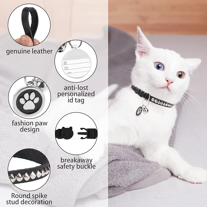 Leather Personalized Breakaway Cat Collar with Studded Bell and Safety Quick Release Buckle - Rivets Studded ID DIY Collars for Boy Girl Cats Kittens, Black XS