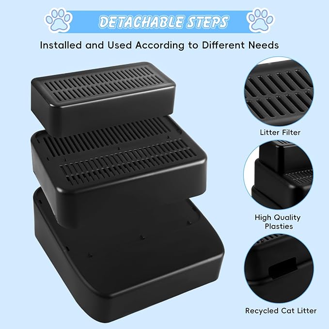 Adjustable 3 Steps Litter Box Ramp, Litter Box Step with Filter Function, Easy to Clean Cat Litter Stair Catcher for Older Cats and Small Cats (Black)