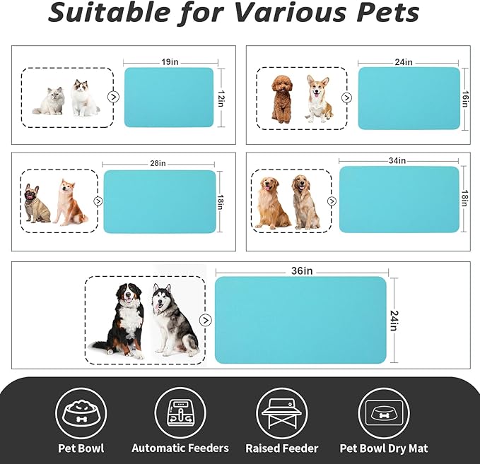 Dog Food Mat - Absorbent Cat Mat for Food and Water, No Stains Pet Feeding Bowl Mat, Easy to Clean Pet Placemats, Quick Dry Dog Water Dispenser Mat for Messy Drinkers | Teal 18"x 28"
