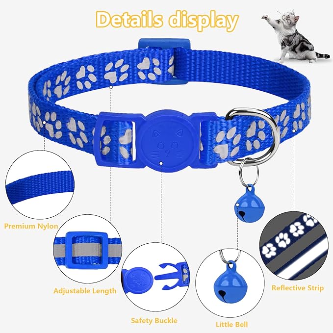 Taglory Reflective Cat Collar Breakaway with Bells, 2 Pack Girl Boy Pet Cat Collar Adjustable 7.5-12.5 Inch, Navy Blue