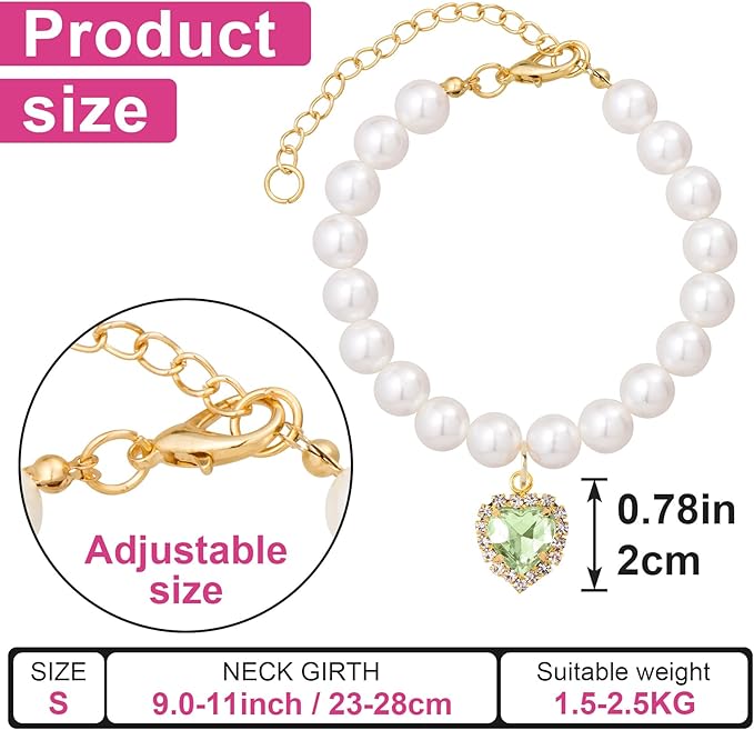 2pcs Cat Pearl Collar with Heart Pendant, Cute Pearl Pet Necklace in Small, Adjustable Wedding Party Small Dog Jewelry Accessories for Puppy Kitten- White & Green