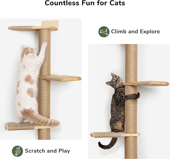 FUKUMARU Tall Cat Tree, 5 Tier Floor to Ceiling Cats Tower, Wall-Mounted Kitten Scratching Post, Wild Simulation Kittens Wall Shelves, Suitable for Climb, Scratch, Lookout and Play