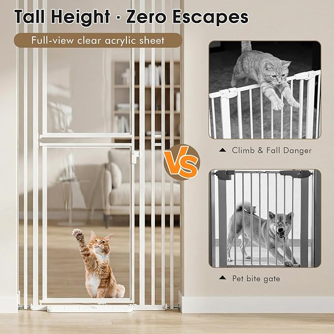 78.7" Extra Tall Cat Gate, Adjustable 27.5"-37.4" Wide Pet Proof Safety Gate, NO Drilling Pressure Mount Dog Gate, Transparent Full Door Pet Gate for Stairs/Studio/Kitchen, White