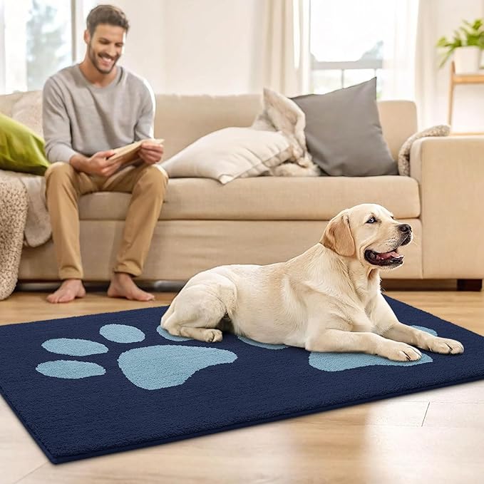 Buganda Dog Door Mat for Muddy Paws, Absorbent Dirt Trapper Washable Indoor Doormats, Non Slip Low-Profile Mud Mat for Dogs, Front Entrance Doormat for Inside Floor (59x24 Inches, Dark Blue)