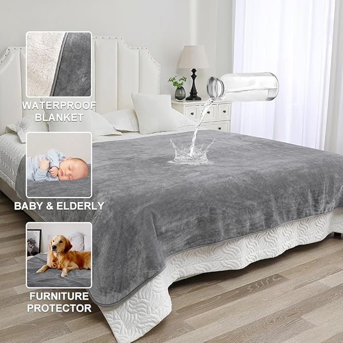 Waterproof Blanket for Beds – Ideal for Couch & Pets Splash Proof Sherpa Throw, Leakproof TPU Layer, Stain Resistant Washable Bed Protector – LightGray, 90"x 80"