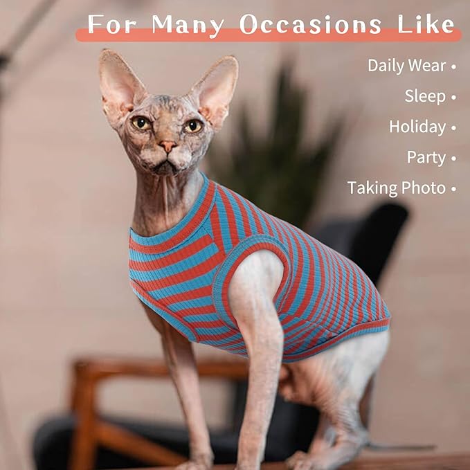 BRKURLEG Hairless Cats T Shirt, Cat Sweaters, Pullover Kitten Shirts, Sleeveless Round Collar Cotton Vest for Cornish Rex Devon Rex Peterbald and Small Dogs Sweater(OrangeBlue Stripes, S)