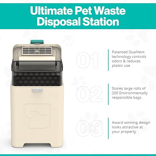 PawPail Pet Waste Station with Activated Carbon Filter and DualVent Odor Control - Outdoor Dog Poop Trash Can with 200 Dog Poop Bags - 19 Liter, Beige