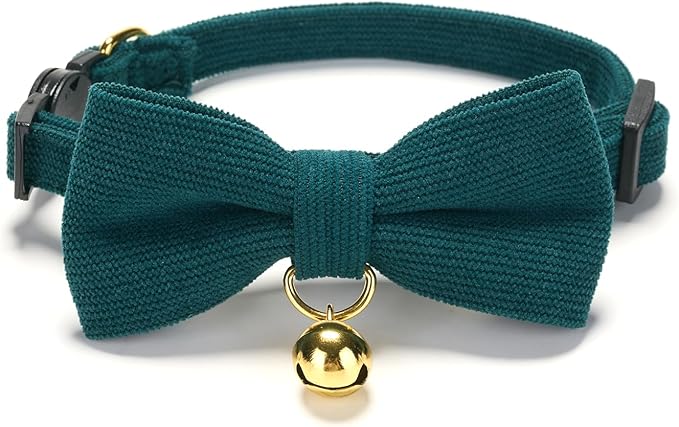 Soft Corduroy Cat Collar with Bell and Bowtie, Safety Breakaway Clasp, Adjustable for Kitten and Cats Green Color.