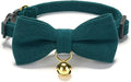 Soft Corduroy Cat Collar with Bell and Bowtie, Safety Breakaway Clasp, Adjustable for Kitten and Cats Green Color.