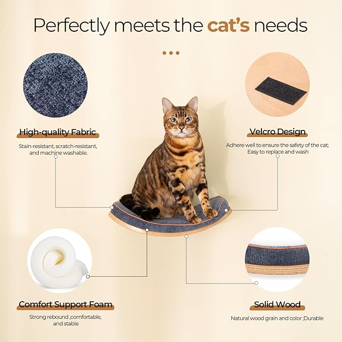 Cat Wall Shelves for Cat Wall Steps, Perch, Ladder, Wooden Floating Modern Mounted Space Saving Furniture with Scratching Cushion Removal Cover for Climbing, Jumping and Sleeping (Perch)