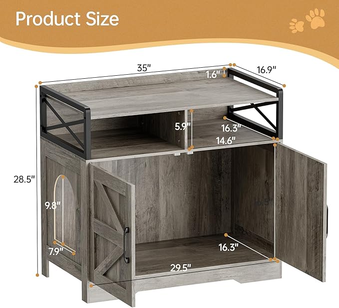 Cat Litter Box Enclosure Furniture - Hidden Litter Box Cabinet with Scratch Pad & Odor Control | Farmhouse Style End Table for Cats | Discreet Cat Washroom for Living Room & Bedroom Grey