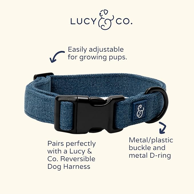 Lucy & Co. Dog Collar - Durable Lightweight Designer Collar for Pets - Adjustable Metal Safety Buckel. - Blue Denim - Large