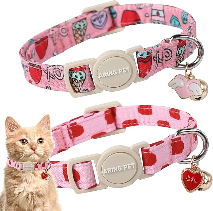 ARING PET 2 Pack Valentine's Day Cat Collars-Cute Heart Cat Collar Breakaway with Bell&Pendant, Adjustable Valentine Kitten Collars with Safety Buckle for Girl and Boy Cats